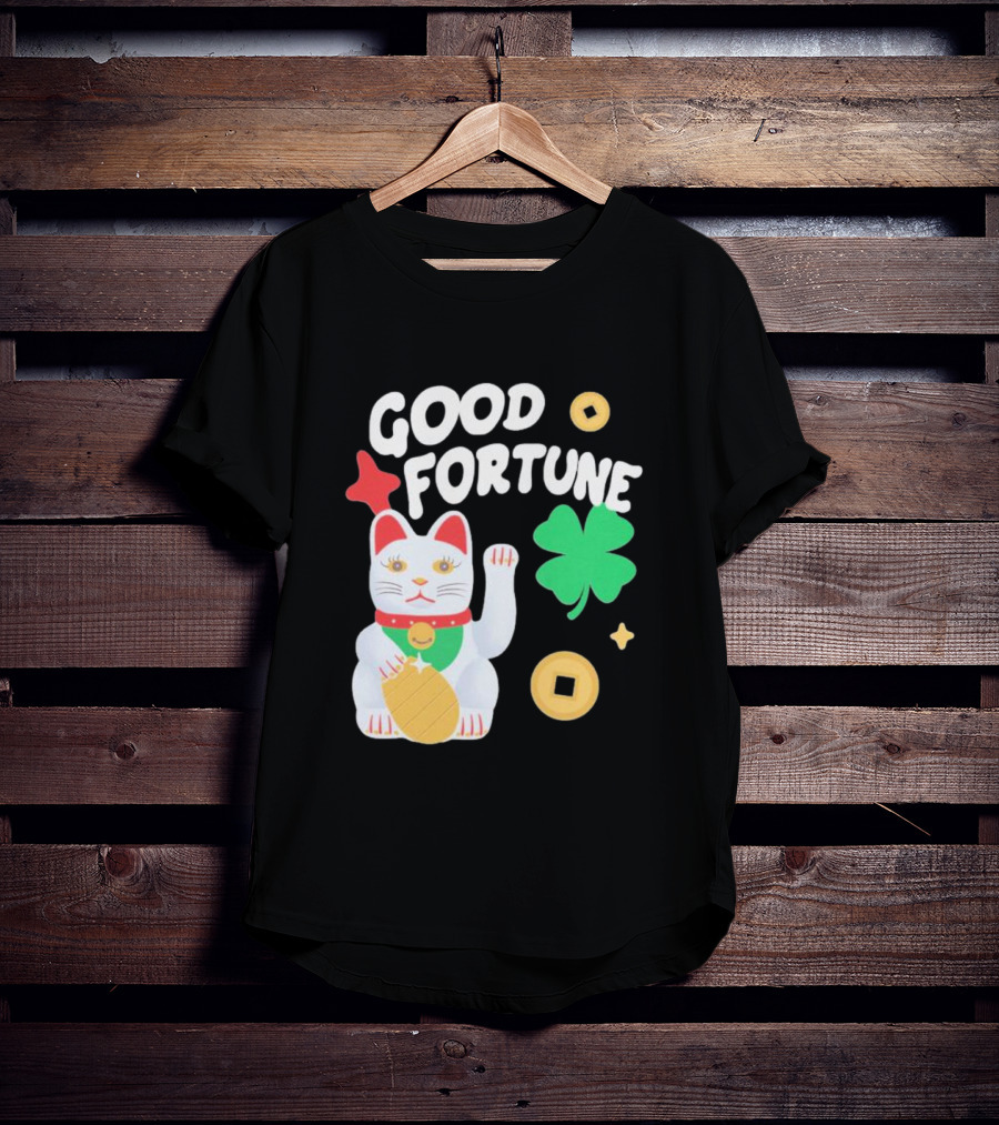 Good Fortune Cat With Clover And Coins T-Shirt