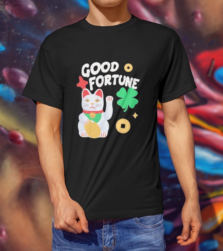 Good Fortune Cat With Clover And Coins T-Shirt
