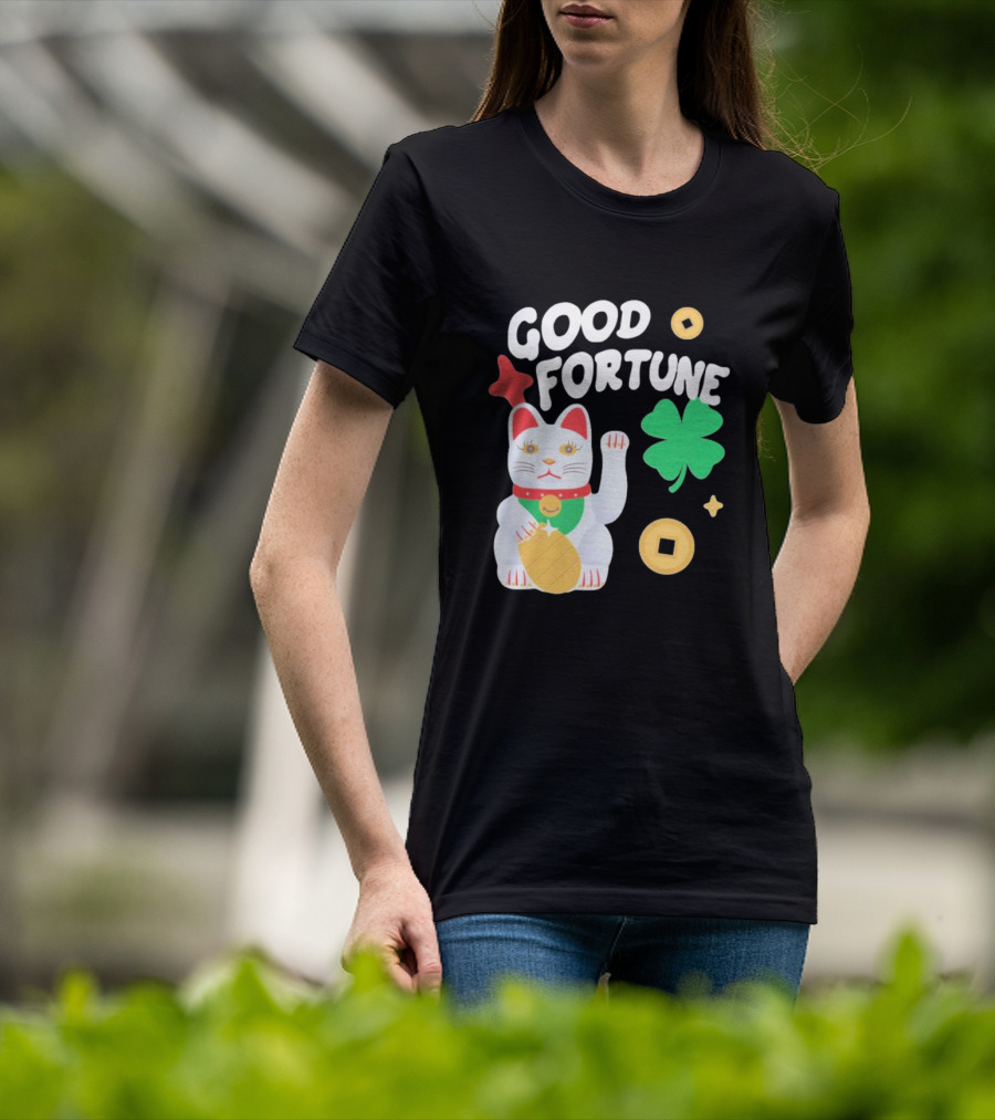 Good Fortune Cat With Clover And Coins T-Shirt