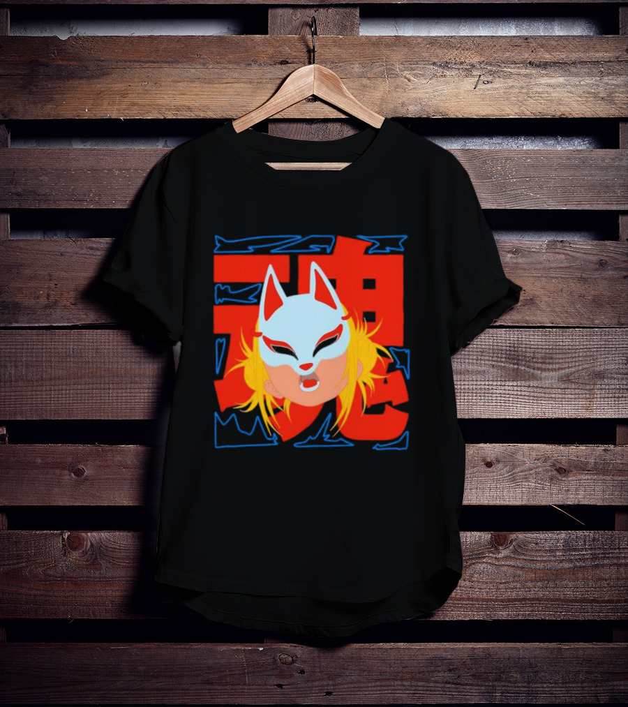 Kitsune Catori Mask With Red Kanji And Blond Hair T-Shirt
