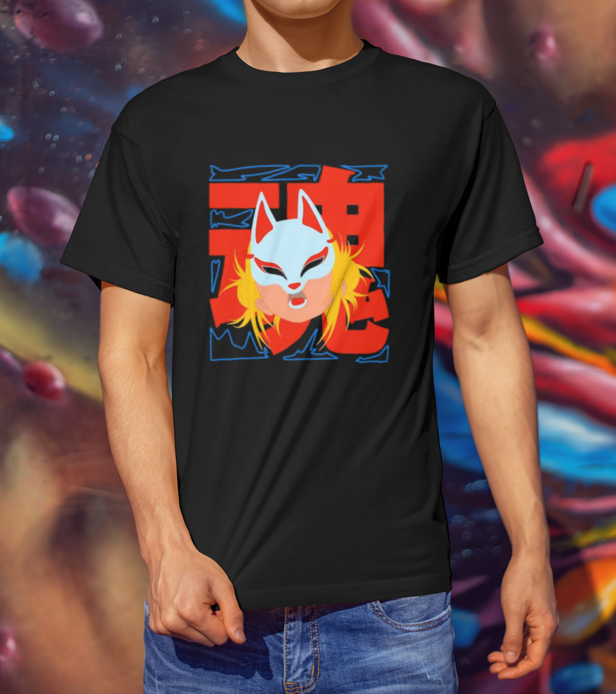 Kitsune Catori Mask With Red Kanji And Blond Hair T-Shirt