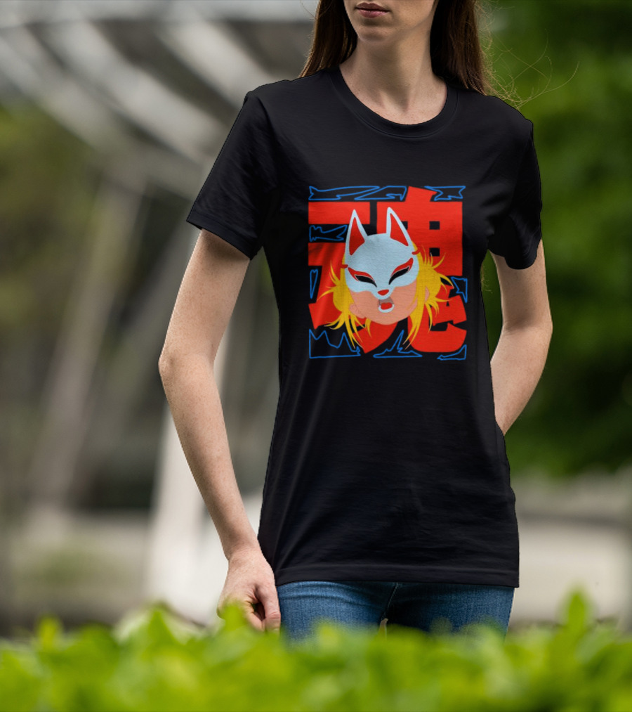 Kitsune Catori Mask With Red Kanji And Blond Hair T-Shirt