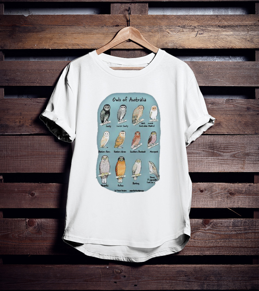 Owls Of Australia Illustrated Guide Featuring Sooty Lesser Sooty Australian Masked Eastern Barn Eastern Grass Southern Boobook Powerful Rufous Barking Barn Owl By Pete Pascoe T-Shirt