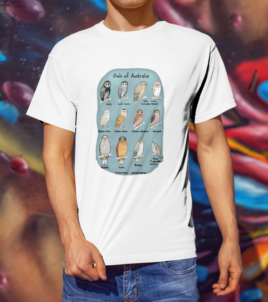 Owls Of Australia Illustrated Guide Featuring Sooty Lesser Sooty Australian Masked Eastern Barn Eastern Grass Southern Boobook Powerful Rufous Barking Barn Owl By Pete Pascoe T-Shirt