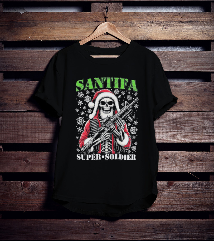 Santifa Super Soldier Skeleton Santa With Snowflakes And Rifle T-Shirt