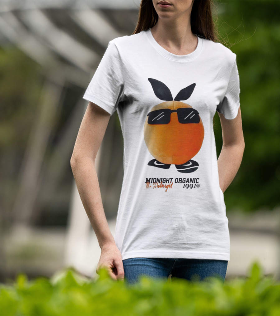 Midnight Organic Mr. Midnight 1991 Orange Character With Sunglasses T-Shirt