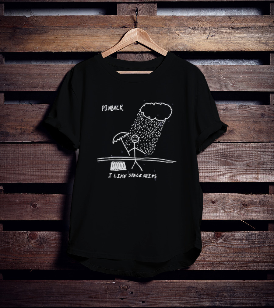 Pinback I Like Spaceships Stick Figure Standing In Rain With Umbrella T-Shirt