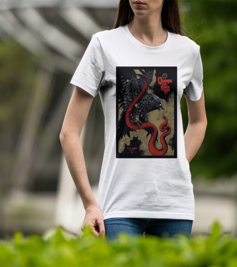 Queens Of The Stone Age R Mederos Art With Red Snake And Black Bird December 9 T-Shirt