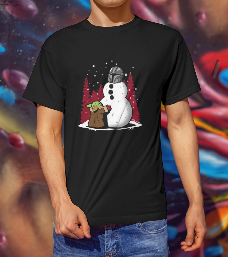 The Best Snowman In The Parsec Yoda Hugs Snowman Mandalorian Helmet Snow Star Wars T-Shirt