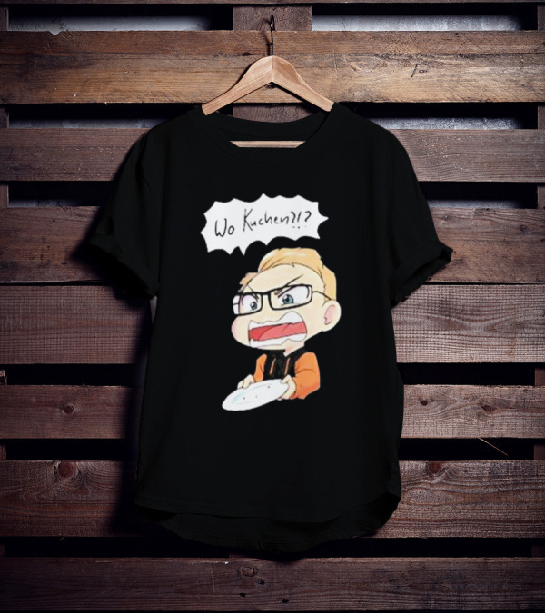 Wo Kuchen?? Cartoon Character With Glasses And Empty Plate T-Shirt