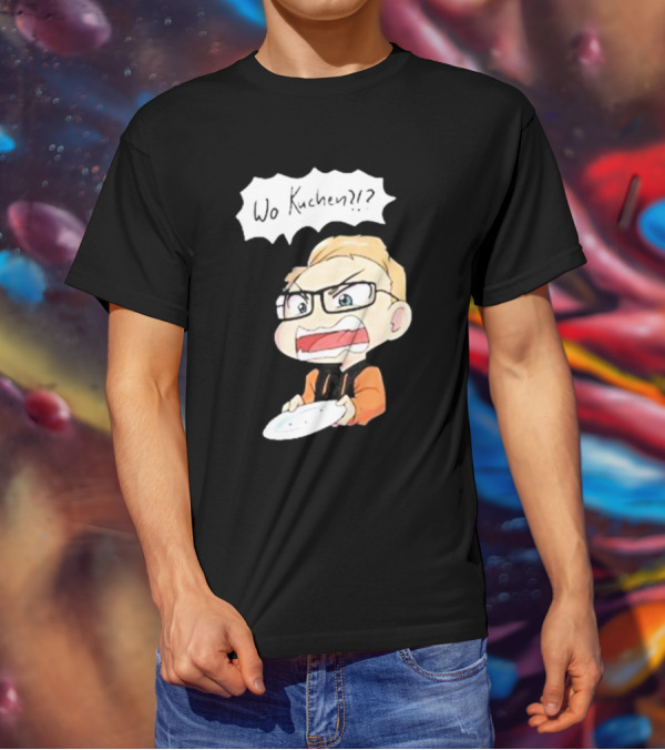 Wo Kuchen?? Cartoon Character With Glasses And Empty Plate T-Shirt