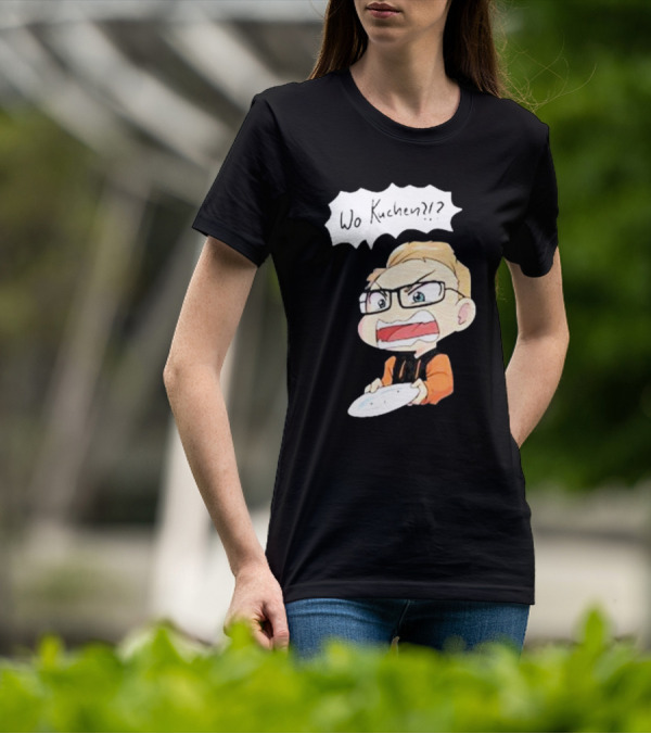 Wo Kuchen?? Cartoon Character With Glasses And Empty Plate T-Shirt