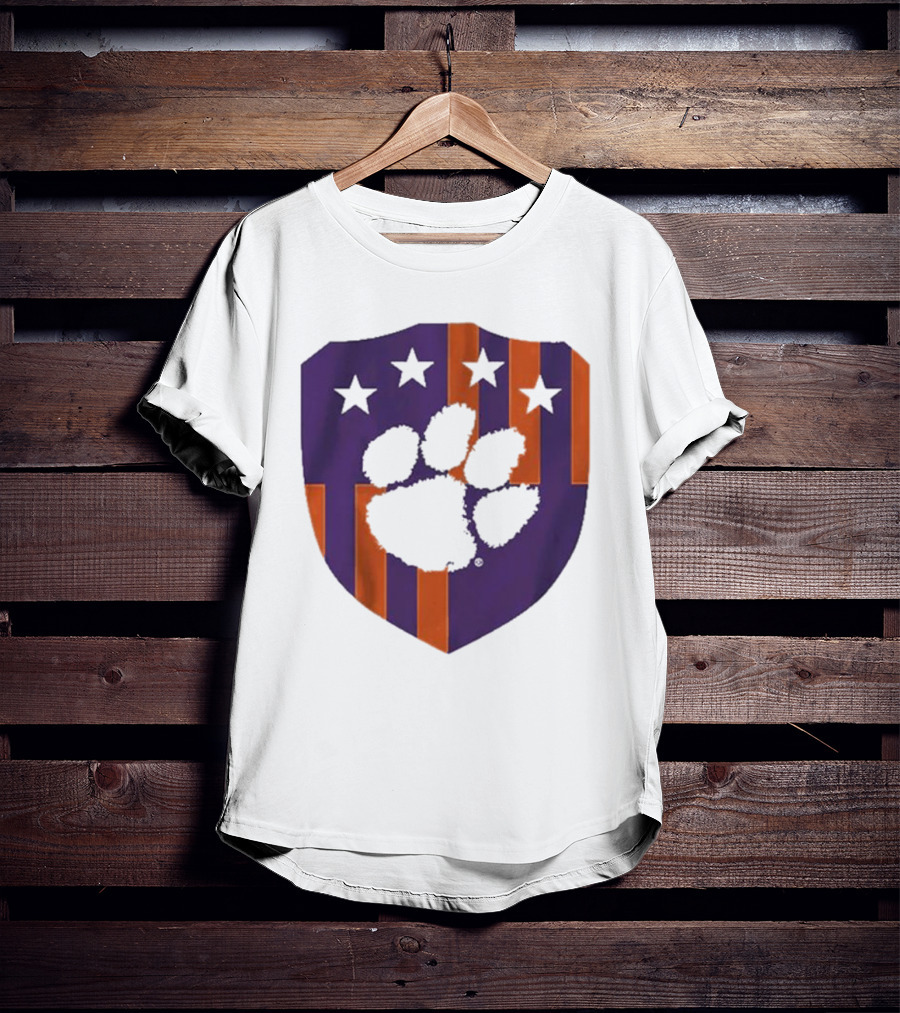Clemson United Paw Print Shield With Four Stars Orange And Purple T-Shirt
