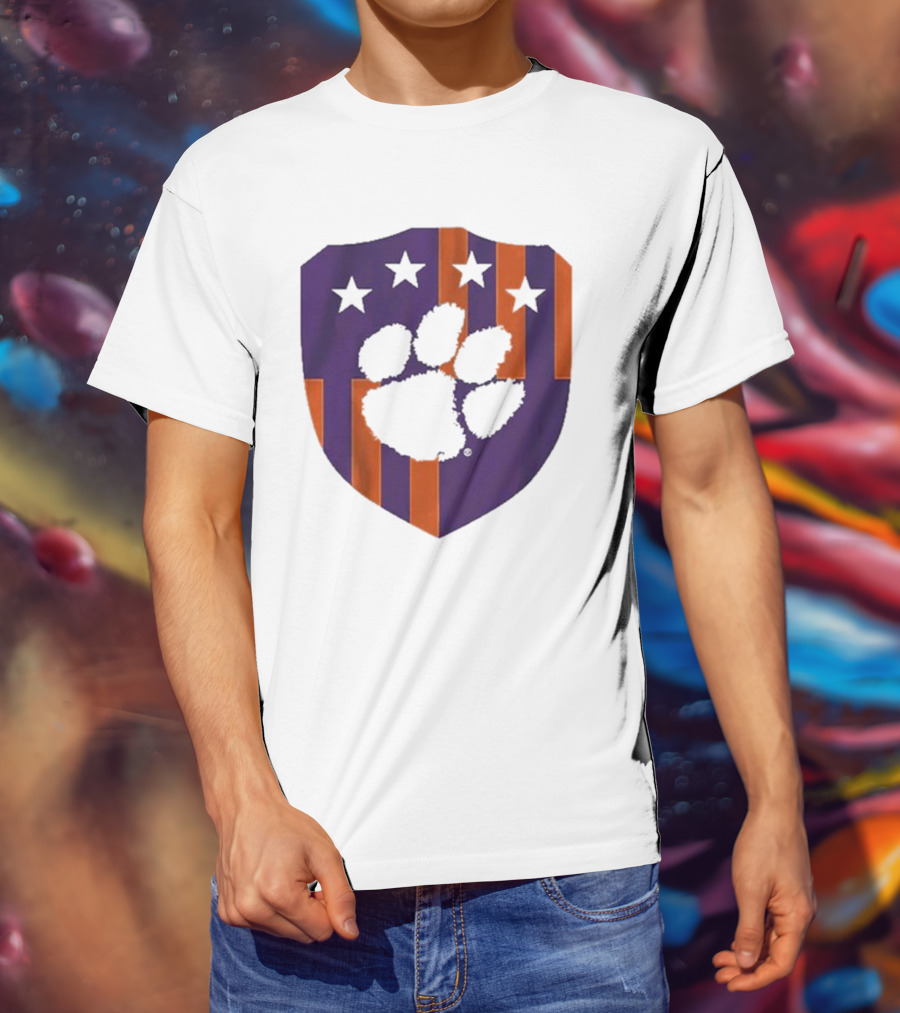 Clemson United Paw Print Shield With Four Stars Orange And Purple T-Shirt