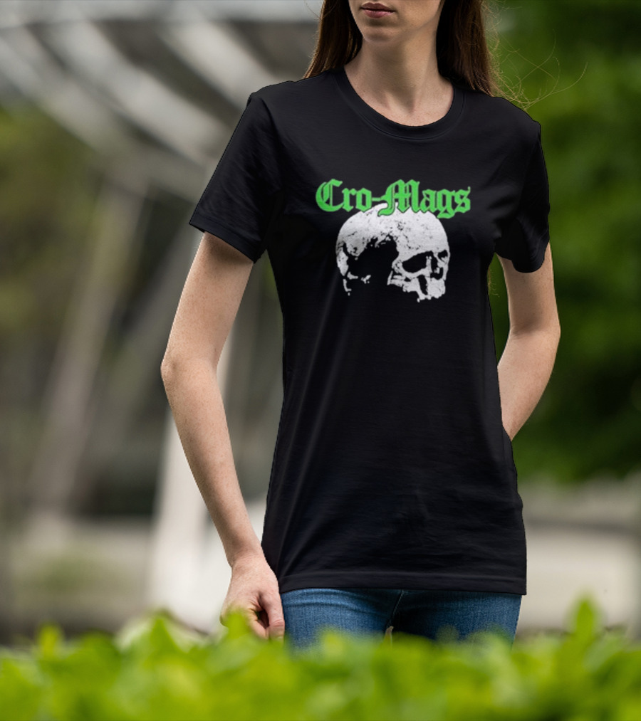 Cro Mags Green Text White Skull T-Shirt