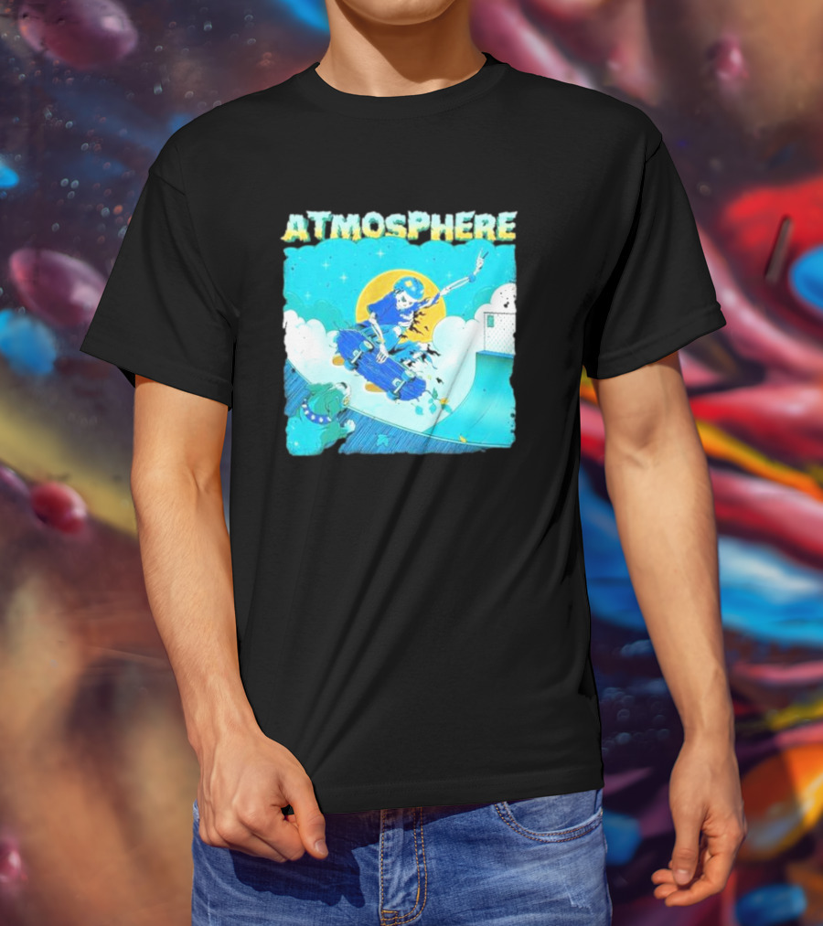 ATMOSPHERE Skateboarding Skeleton Dog Ramp Peace Sign T-Shirt