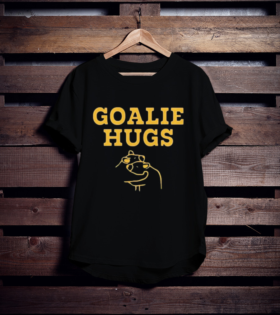 Boston Goalie Hugs Yellow Text With Embrace Outline T-Shirt