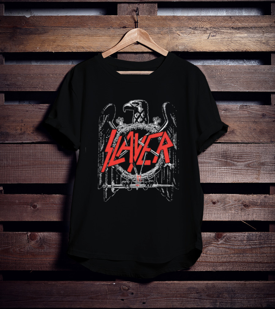 Slayer Black Eagle Logo With Red Text And Crossed Swords T-Shirt
