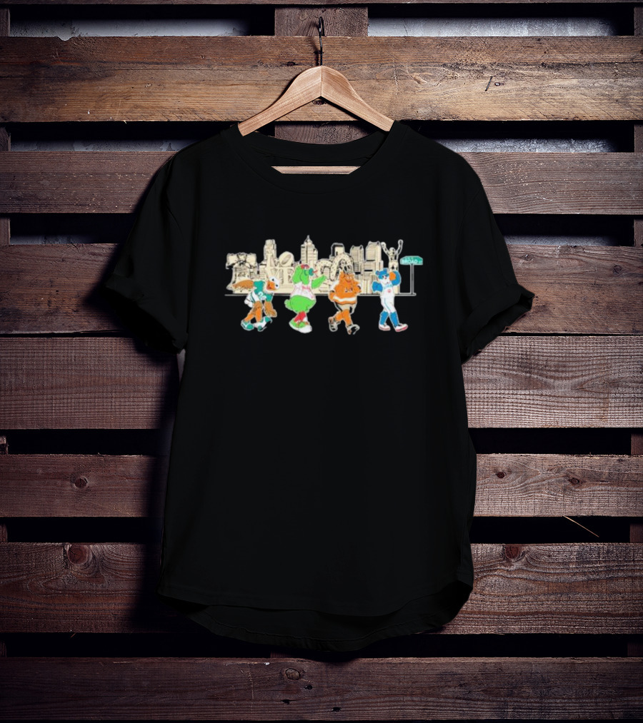 Philly Sports Team Mascot Parade Against City Skyline T-Shirt