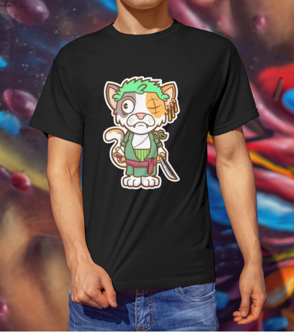 Roronoa Lingling Cat Pirate Anime Character Sword Green Hair Eye Patch T-Shirt
