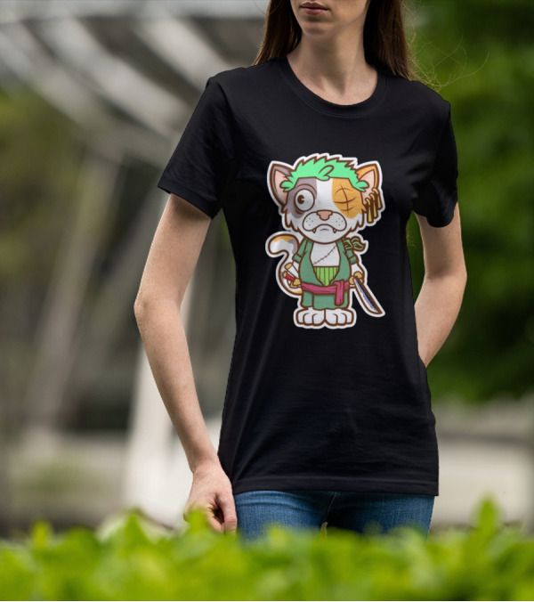 Roronoa Lingling Cat Pirate Anime Character Sword Green Hair Eye Patch T-Shirt