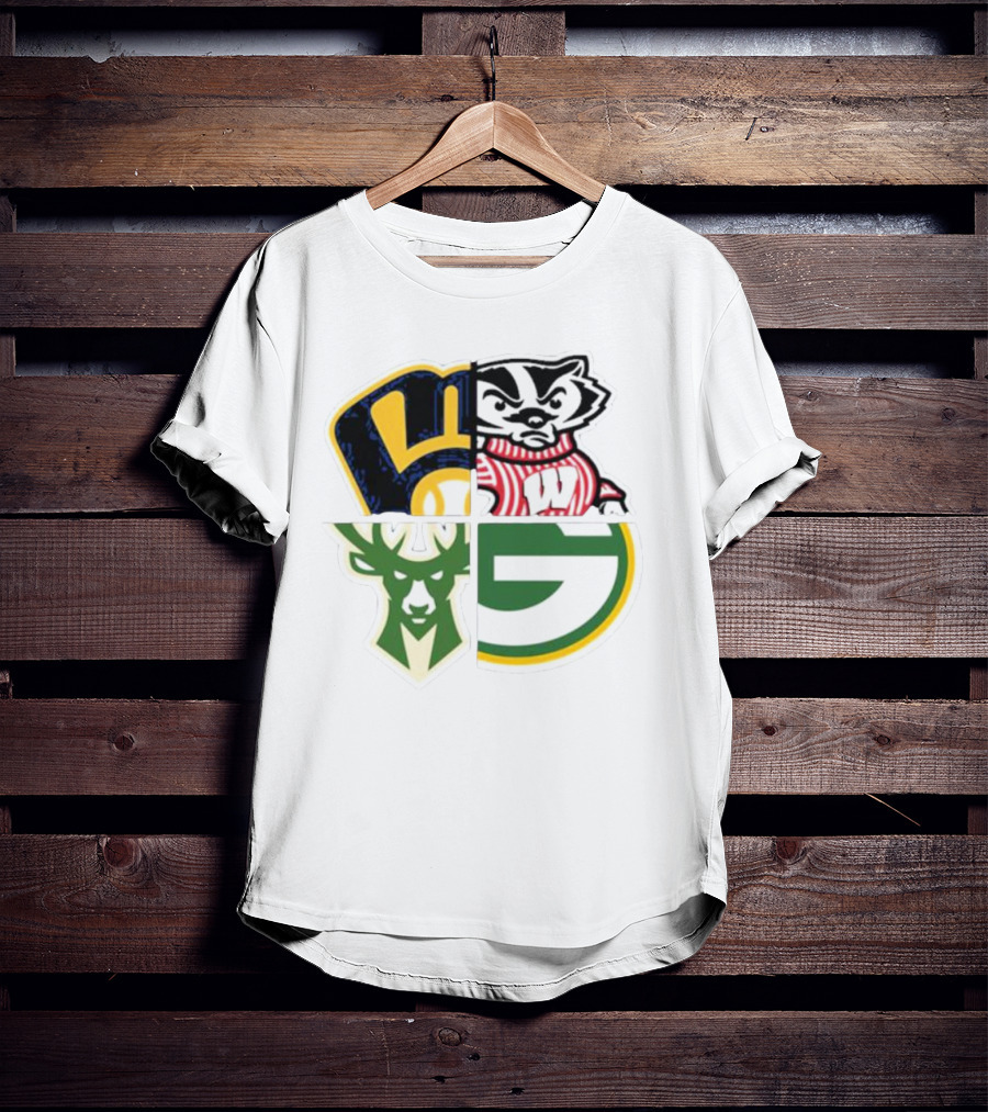 Milwaukee Brewers Packers Badgers Bucks Wisconsin Sports Quad T-Shirt
