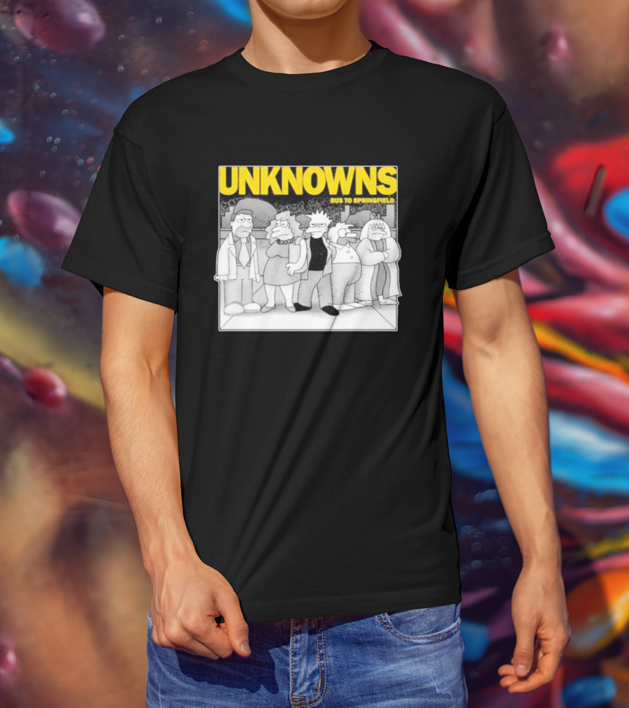 Unknowns Bus To Springfield Cartoon Characters In Black And White Scene T-Shirt