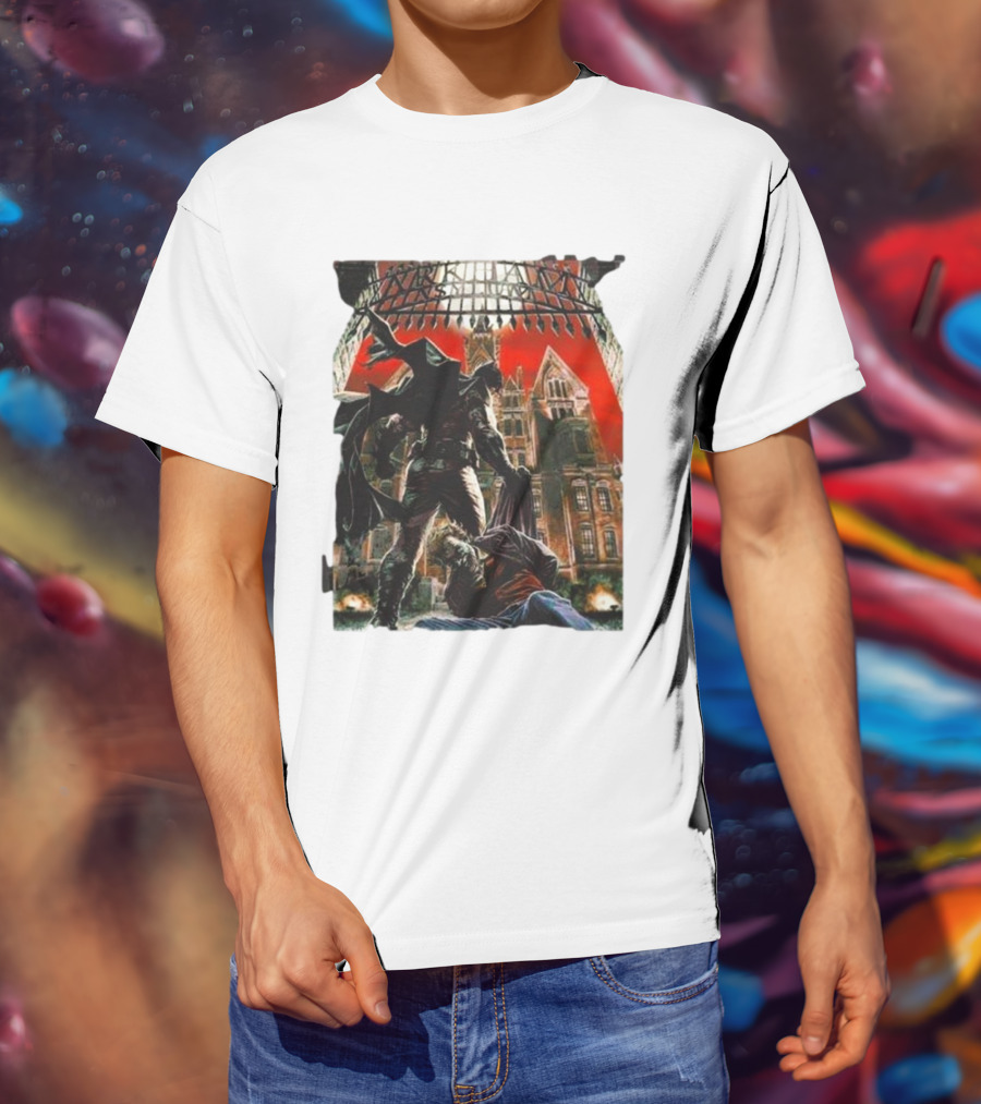 Batman Arkham Asylum Gothic Gate Dynamic Red Background Scene T-Shirt