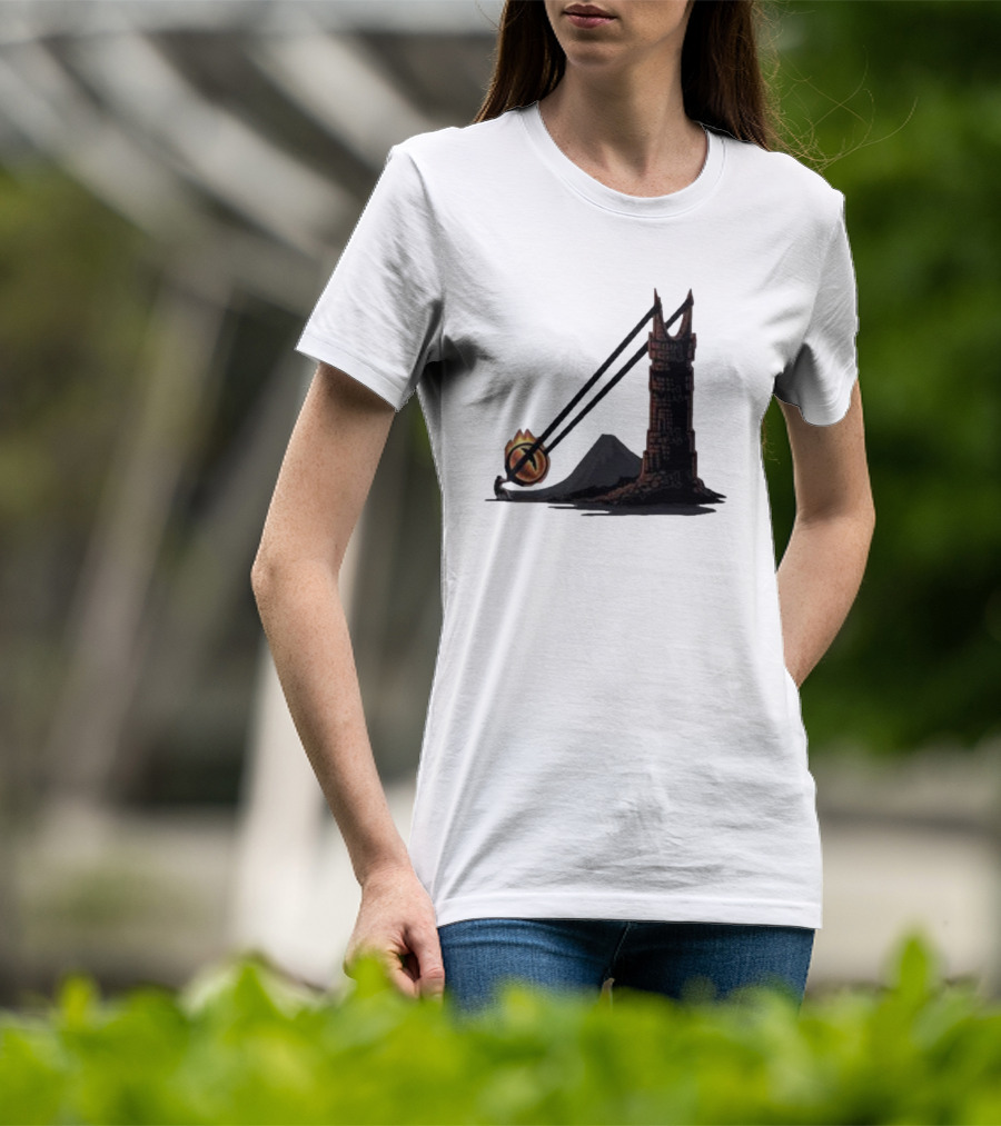 Dark Slingshot Eye Tower With Mountain In Background T-Shirt