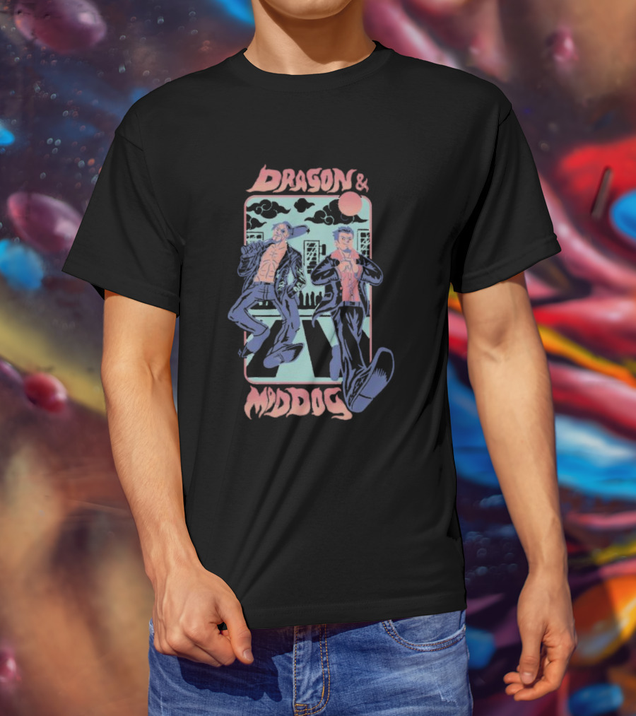 Dragon And Mad Dog Retro Cartoon Nighttime Adventure T-Shirt