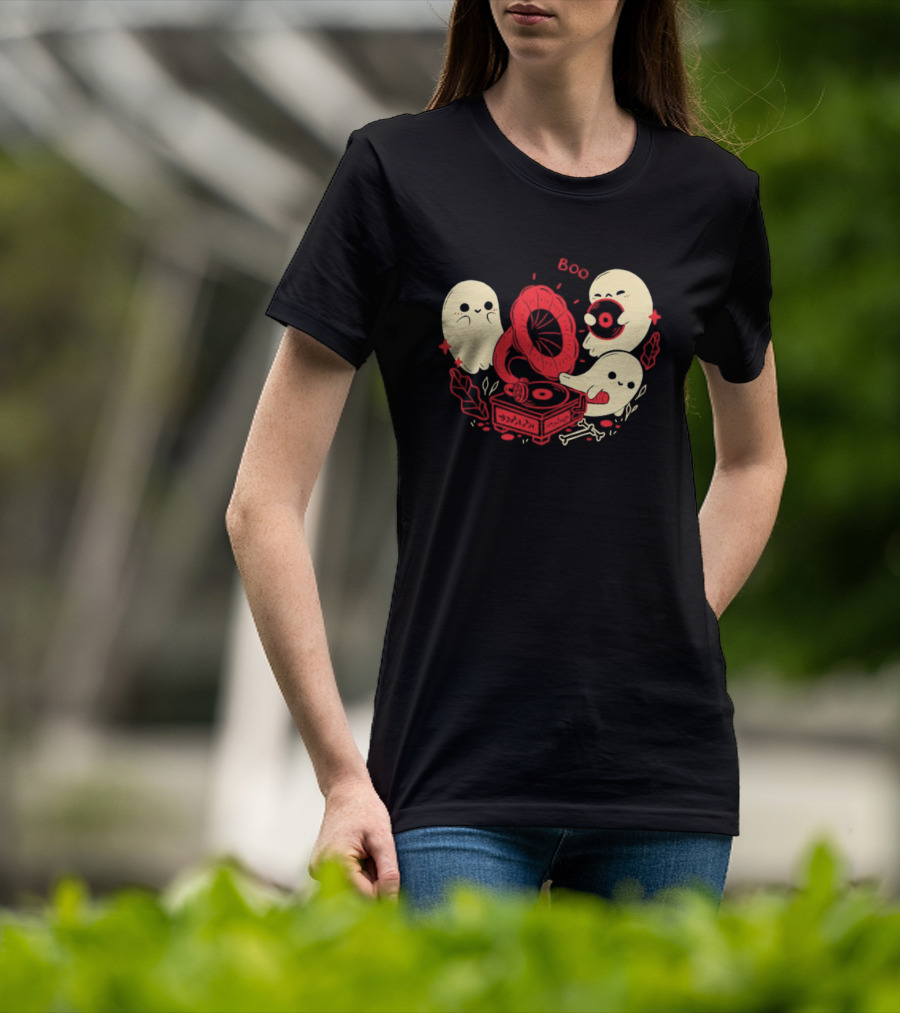 Boo Cute Gramophone Record Spooky Ghosts T-Shirt