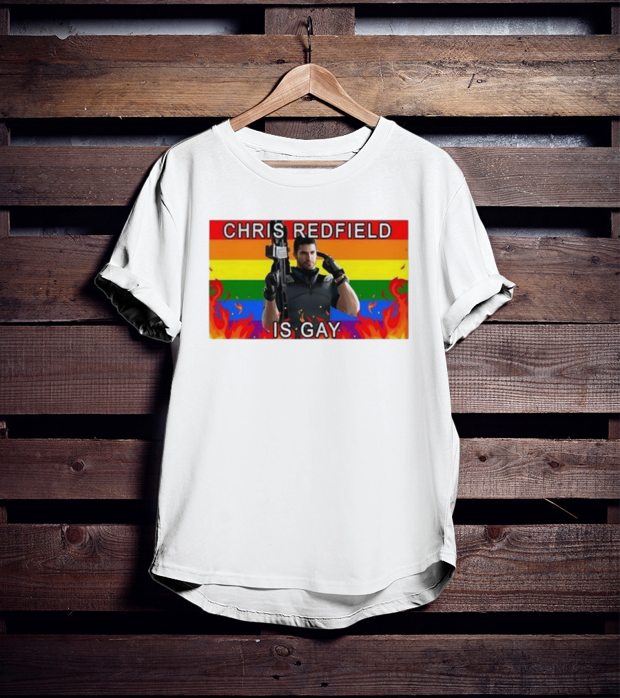 Chris Redfield Is Gay Rainbow Background Flames T-Shirt