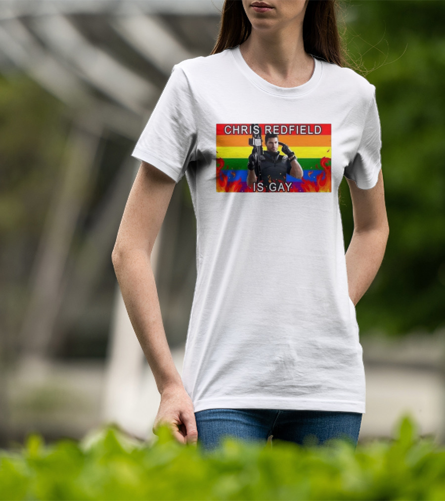 Chris Redfield Is Gay Rainbow Background Flames T-Shirt
