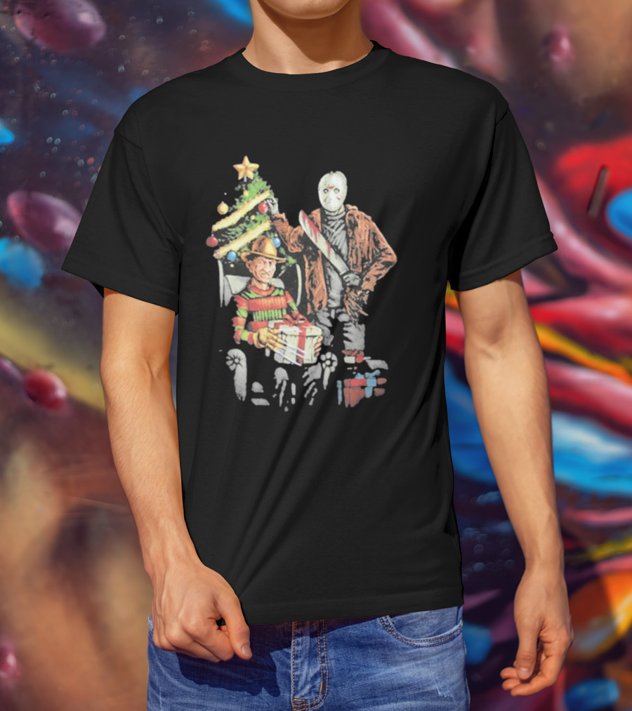Jason Voorhees Freddy Krueger Christmas Horror Icons Holiday Scene T-Shirt