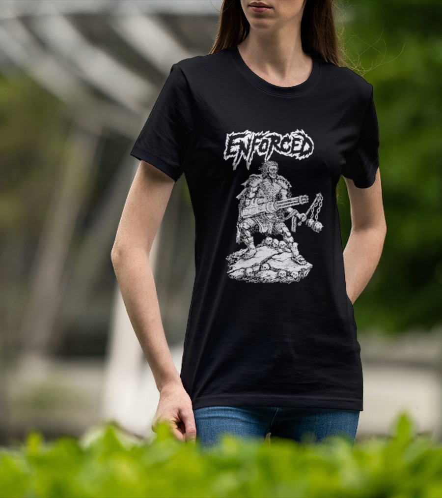Enforced Sacrament Warrior With Spiked Chains And Machine Gun On Skull Mound T-Shirt