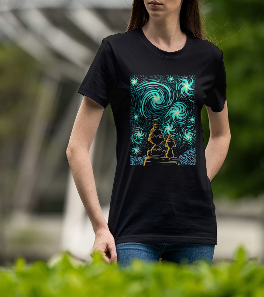 Peanuts Snoopy And Charlie Brown Starry Winter Night Scene T-Shirt
