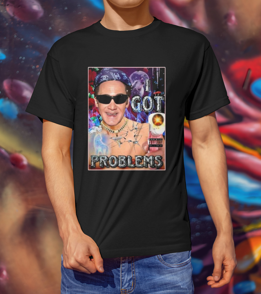 The Jersey Outlaw I Got Problems Colorful Portrait With Sunglasses And Explosive Background T-Shirt
