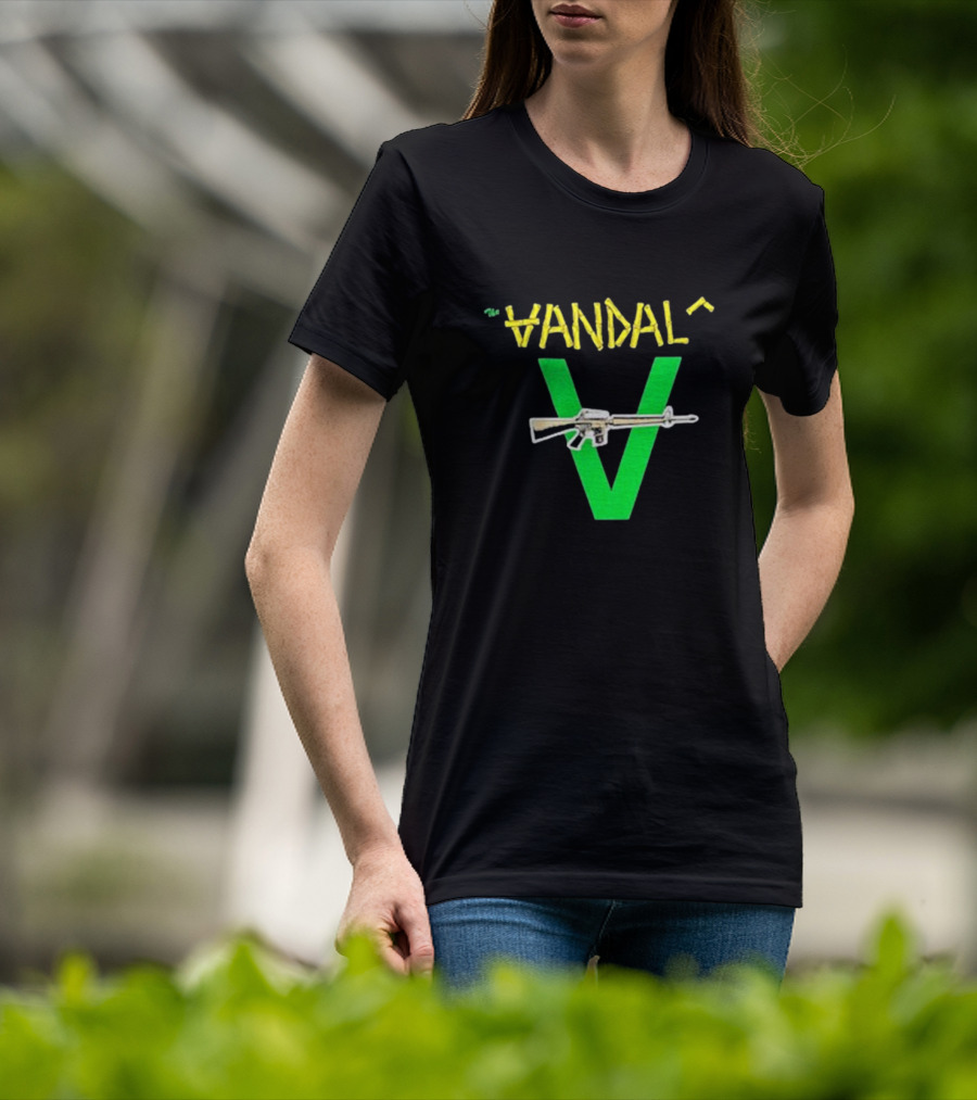 The Vandals Yellow Text Green V Rifle Image T-Shirt