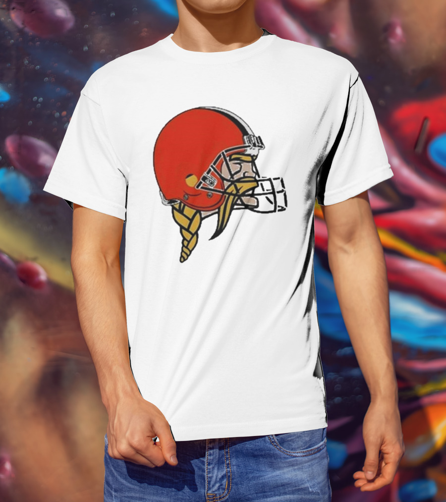 Quality Jay Cuda Browns Vikings Dual Logo Helmet T-Shirt