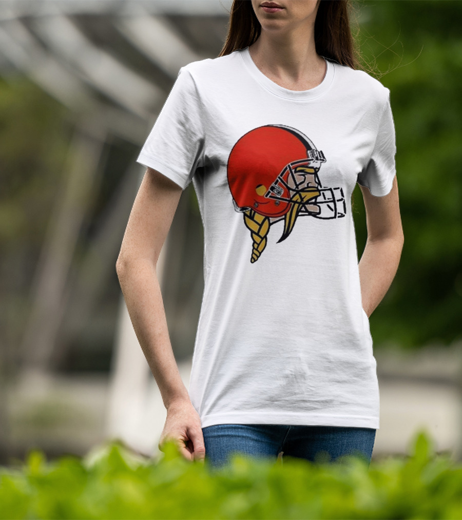 Quality Jay Cuda Browns Vikings Dual Logo Helmet T-Shirt