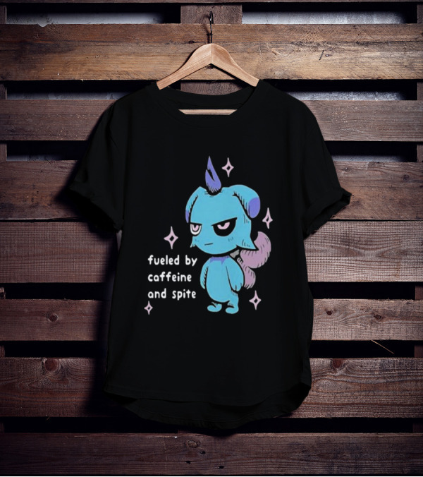 Palworld Fueled By Caffeine And Spite Blue Creature With Pink Stars T-Shirt