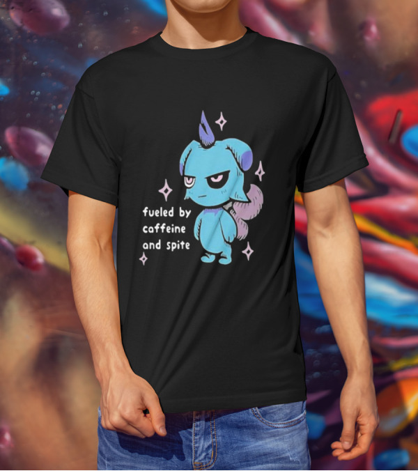 Palworld Fueled By Caffeine And Spite Blue Creature With Pink Stars T-Shirt
