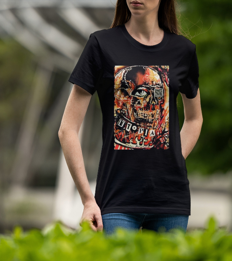 Utopia Means Nowhere Glitched Skull Collage With Eye And QR Code T-Shirt