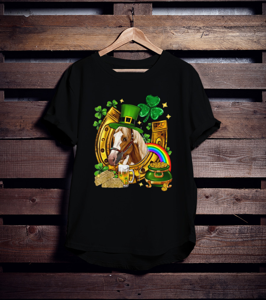 Horse Luck Gold Leprechaun Hat Shamrock Horseshoe Pot Of Gold Rainbow T-Shirt