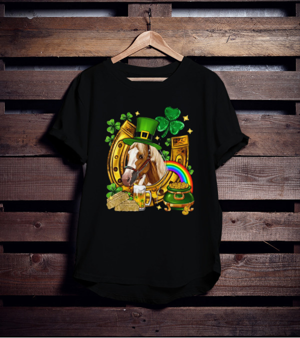 Horse Luck Gold Leprechaun Hat Shamrock Horseshoe Pot Of Gold Rainbow T-Shirt