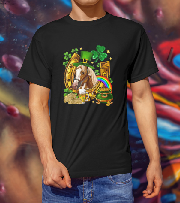 Horse Luck Gold Leprechaun Hat Shamrock Horseshoe Pot Of Gold Rainbow T-Shirt