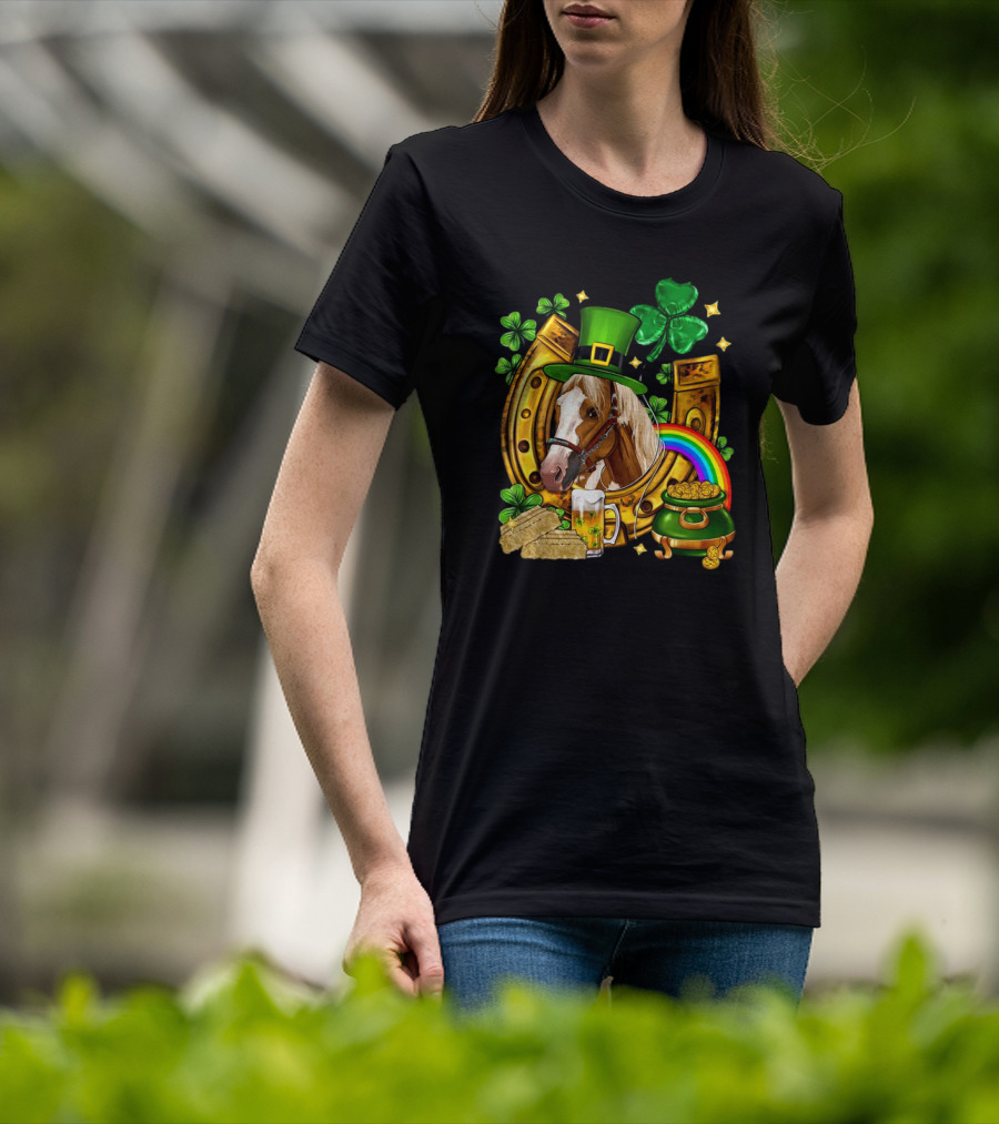 Horse Luck Gold Leprechaun Hat Shamrock Horseshoe Pot Of Gold Rainbow T-Shirt