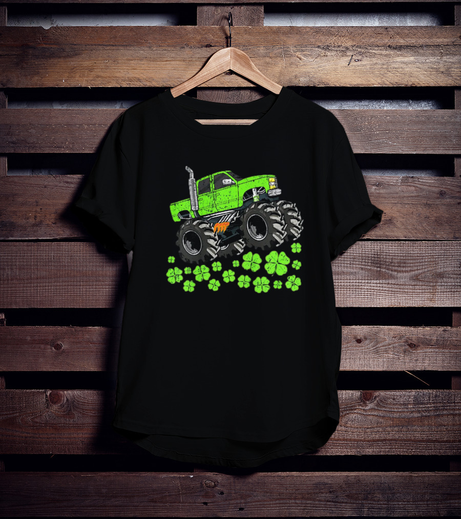 Kids Boys St Patricks Day Toddler Lucky Green Monster Truck With Shamrocks T-Shirt