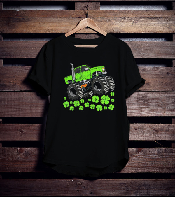 Kids Boys St Patricks Day Toddler Lucky Green Monster Truck With Shamrocks T-Shirt