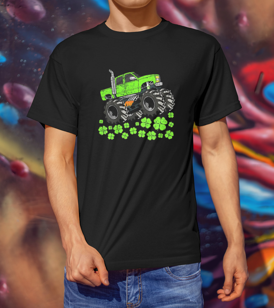 Kids Boys St Patricks Day Toddler Lucky Green Monster Truck With Shamrocks T-Shirt